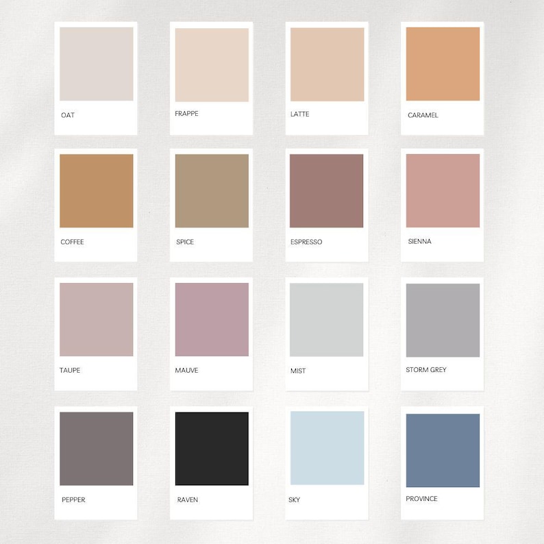 May include: A collection of sixteen color swatches arranged in a grid. Each swatch displays a different shade, with names like "Oat," "Frappe," and "Caramel" printed below. The color palette includes neutral tones, ranging from light beige to deep brown, and some cooler shades.