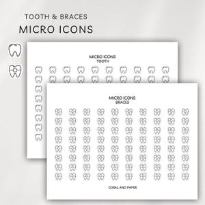 Puede incluir: Dos hojas de pegatinas blancas con micro iconos negros de dientes y aparatos ortopédicos. La hoja superior dice "MICRO ICONS TOOTH" y la hoja inferior dice "MICRO ICONS BRACES". El texto "CORAL AND PAPER" está en la parte inferior de la hoja inferior.