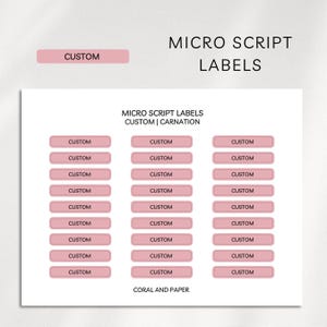 Op de afbeelding: Een vel met rechthoekige micro script labels in een oudroze kleur, elk voorzien van het woord CUSTOM in zwarte tekst. Het vel is georganiseerd in drie verticale kolommen, met de tekst MICRO SCRIPT LABELS CUSTOM | CARNATION en CORAL AND PAPER.