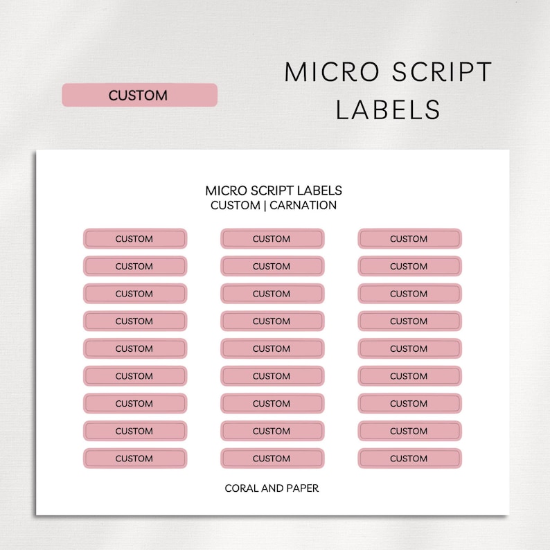 Puede incluir: Una hoja de etiquetas rectangulares micro script en color rosa empolvado, cada una con la palabra CUSTOM en texto negro. La hoja est&aacute; organizada en tres columnas verticales, con el texto MICRO SCRIPT LABELS CUSTOM | CARNATION y CORAL AND PAPER.