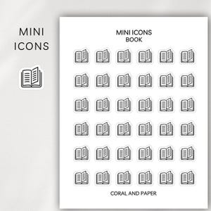 May include: Sheet of stickers featuring black and white mini book icons. The sheet includes the text "MINI ICONS BOOK" and "CORAL AND PAPER". A single book icon is on the left side of the sheet.