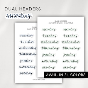 Dual Header Days Stickers | Days of the Week Script Planner Stickers | Minimal Functional Headers Labels | Script Block Font Bullet Journal