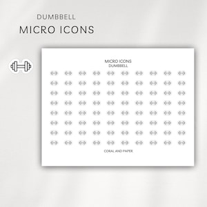 May include: A sheet of white stickers with black dumbbell micro icons. The text "DUMBBELL MICRO ICONS" is at the top, and "CORAL AND PAPER" is at the bottom. A single dumbbell icon is in the upper left corner.