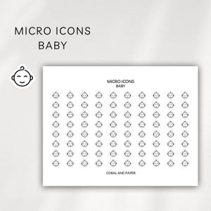 May include: A white sheet of paper with multiple black baby face icons. The words "MICRO ICONS BABY" are printed at the top. A single baby face icon sticker is in the upper left corner. The words "CORAL AND PAPER" are printed at the bottom.