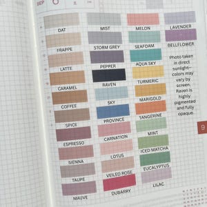 May include: A planner page with color swatches labeled with names like "Oat," "Mist," and "Melon." The swatches are arranged in a grid, with text to the right explaining color variations. The page is open to display the grid.