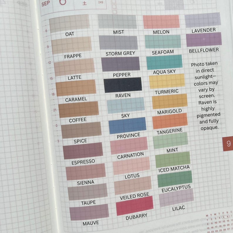 May include: A planner page with color swatches labeled with names like "Oat," "Mist," and "Melon." The swatches are arranged in a grid, with text to the right explaining color variations. The page is open to display the grid.