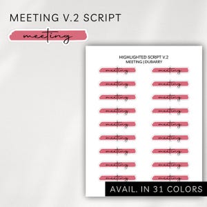 May include: White paper with pink stickers that say "meeting" in a script font. The text "MEETING V.2 SCRIPT" is at the top. The text "AVAIL. IN 31 COLORS" is at the bottom.