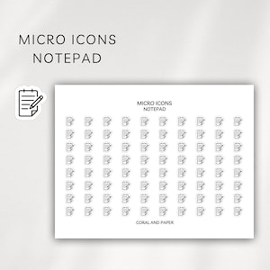 May include: A sheet of stickers featuring a grid of small black and white notepad icons, each showing a notepad with a pencil. The text MICRO ICONS NOTEPAD appears at the top and bottom, with CORAL AND PAPER printed at the bottom center.