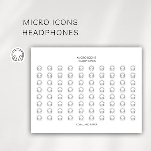 May include: A sheet of white stickers featuring black outline drawings of headphones. The text "MICRO ICONS HEADPHONES" is at the top, with the brand name "CORAL AND PAPER" at the bottom. A single headphone sticker is shown in the upper left corner.