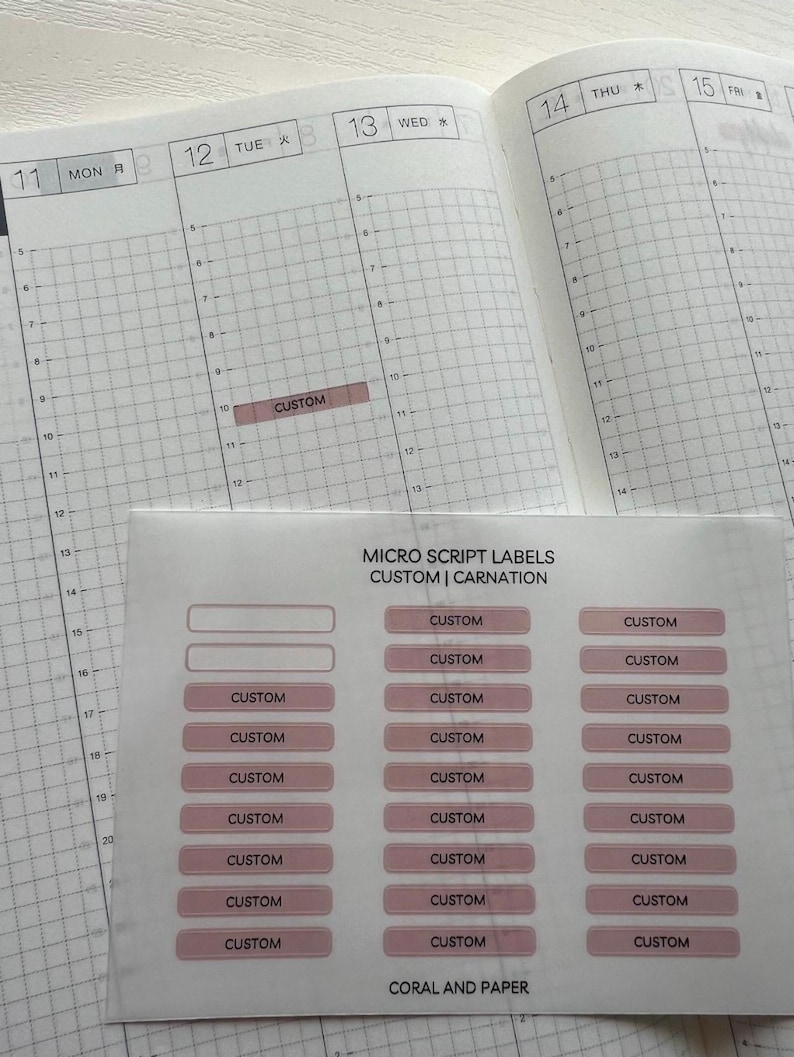 Puede incluir: Una hoja de etiquetas rectangulares de micro script en un tono rosa apagado, con el texto CUSTOM | CARNATION y CORAL AND PAPER. Las etiquetas est&aacute;n dispuestas en columnas, con una etiqueta aplicada en una p&aacute;gina de agenda con cuadr&iacute;cula.