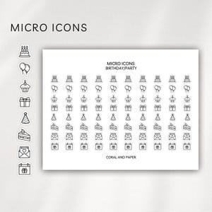 Birthday Party Micro Icons – Mini Black & White Functional Planner Stickers | Minimalist Celebration Cake Micro Stickers | Hobonichi, B6, A6