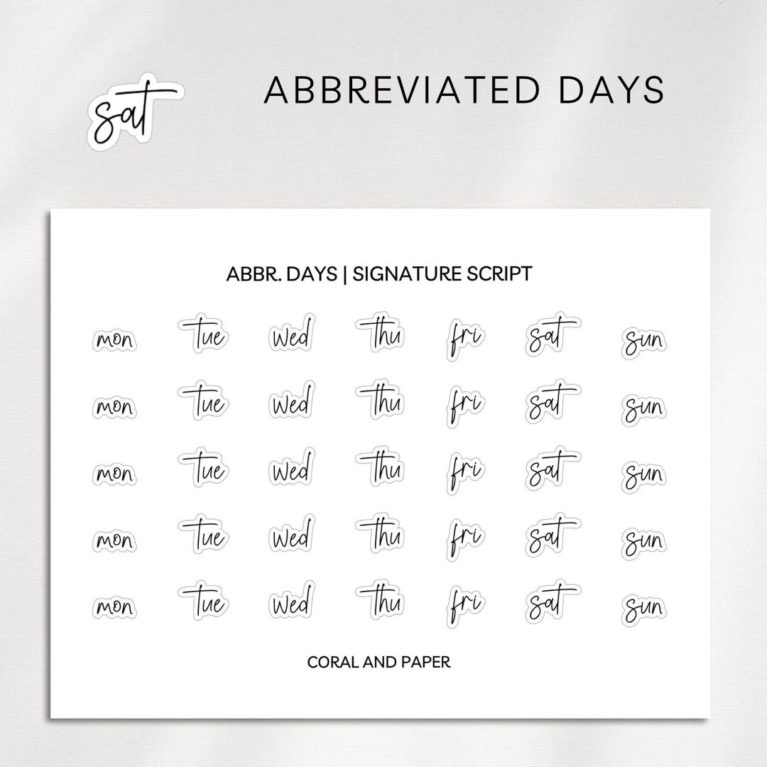 Abbreviated Days Stickers | Weekly Script Labels | Minimalist Planning ...