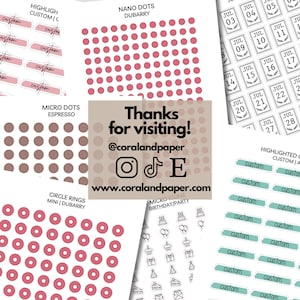 Puede incluir: Una colecci&oacute;n de hojas de pegatinas con varios dise&ntilde;os, incluyendo nano puntos rosas, micro puntos espresso, anillos circulares rosas, iconos de cumplea&ntilde;os y etiquetas de texto personalizadas en rosa y verde azulado, con un texto central.