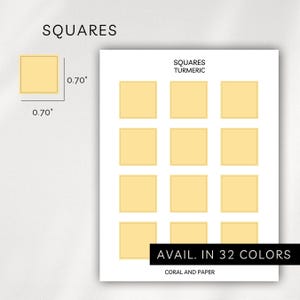 May include: A sheet of paper with twelve yellow squares, each measuring 0.70 inches. The text "SQUARES TURMERIC" is at the top, and "AVAIL. IN 32 COLORS" is at the bottom. The brand name "CORAL AND PAPER" is also visible.