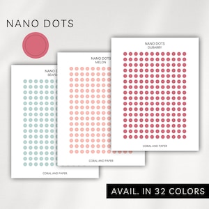 May include: Three sheets of paper with a grid of small red, pink, and light blue dots. The text "NANO DOTS" is at the top of each sheet, with a different color name below. The text "CORAL AND PAPER" is at the bottom of each sheet. The text "AVAIL. IN 32 COLORS" is at the bottom of the image.