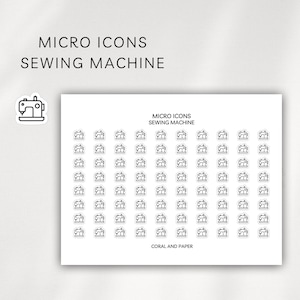 May include: A sheet of white stickers with black line art illustrations of sewing machines. The text "MICRO ICONS SEWING MACHINE" is at the top, and "CORAL AND PAPER" is at the bottom.