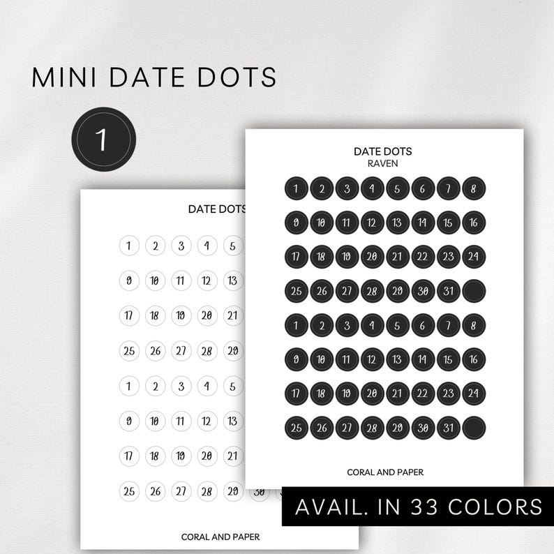 May include: Two white sheets with black date dots, numbered 1-31, arranged in circles. The text "MINI DATE DOTS" and "DATE DOTS RAVEN" are at the top. The bottom text reads "CORAL AND PAPER" and "AVAIL. IN 33 COLORS."