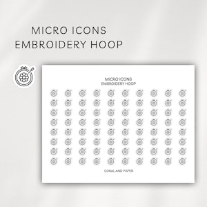 Op de afbeelding: Een witte sticker met zwart-witte borduurring-iconen. De tekst "MICRO ICONS EMBROIDERY HOOP" staat bovenaan en "CORAL AND PAPER" onderaan.