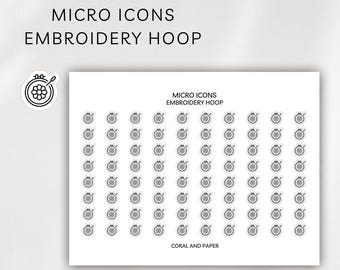 Könnte beinhalten: Ein weißes Stickerbogen mit schwarz-weißen Stickrahmen-Symbolen. Der Text "MICRO ICONS EMBROIDERY HOOP" steht oben und "CORAL AND PAPER" unten.