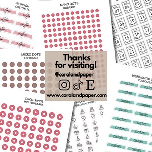 May include: A collection of planner stickers in various designs and colors. Includes pink dot stickers, brown micro dots, circle rings, date stickers, and custom labels. The text "Thanks for visiting!" is also visible.