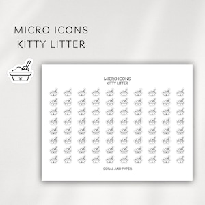 May include: A sheet of white stickers with a repeating pattern of black and white kitty litter box icons. The text "MICRO ICONS KITTY LITTER" is at the top, and "CORAL AND PAPER" is at the bottom.