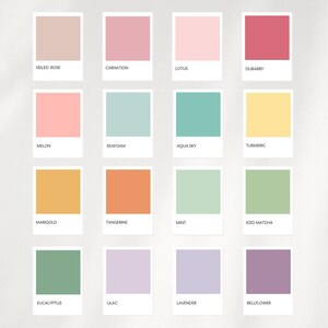 May include: A collection of sixteen color swatches, each in a different pastel hue. The colors range from pinks and blues to yellows and greens, with names like "Veiled Rose," "Carnation," and "Aqua Sky" printed below each swatch.