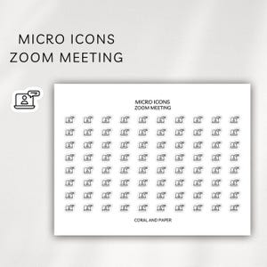 Może przedstawiać: Biała karta naklejek z małymi czarno-białymi ilustracjami osoby w laptopie z dymkiem. U góry napis "MICRO ICONS ZOOM MEETING". Na dole napis "CORAL AND PAPER".