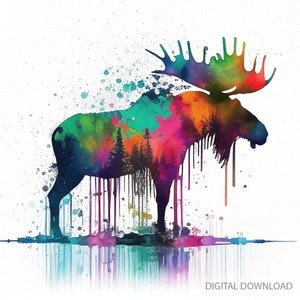 Majestätische Elch Aquarell Kunst, digitaler Download, Wandkunst, druckbar, Dekor, bunt, Tierkunst, Tierwelt