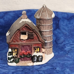 Vintage Small Christmas Village Barn with Silo House Light Up