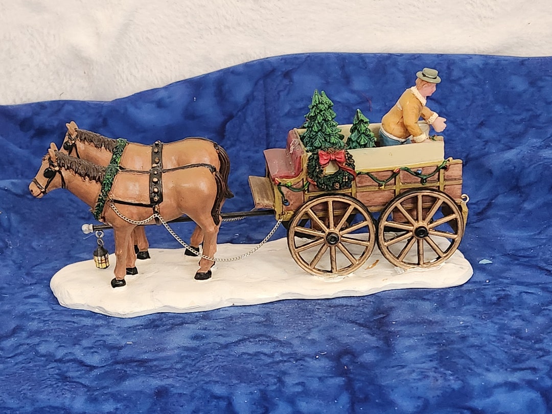 Vintage Lemax Christmas Village Horse Wagon With Christmas Trees