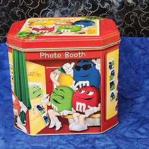 M&M's empty tin box candy blue smile scratches used rare