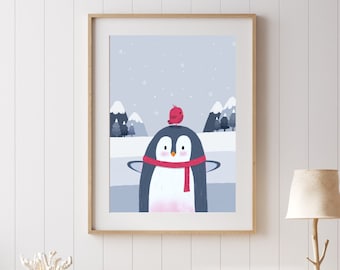 May include: A framed illustration of a penguin wearing a red scarf with a small red bird perched on its head. The background is a snowy landscape with trees and mountains.