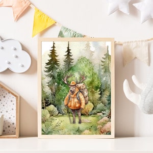 Arte de la pared del vivero de animales del bosque, estampado de animales del bosque para la habitación de los niños, regalo del buscador de aventuras, decoración de la habitación del niño, descarga digital de alces de senderismo