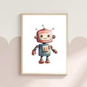 Könnte beinhalten: Eine Aquarell-Illustration eines freundlichen, rot-blauen Roboters mit Antennen. Der Roboter hat ein lächelndes Gesicht und steht auf einem weißen Hintergrund.