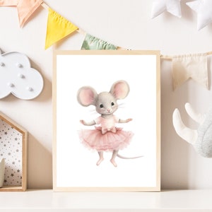 May include: A watercolor illustration of a gray mouse wearing a pink tutu and a pink bow. The mouse is standing on its hind legs and has its arms outstretched. The background is white.