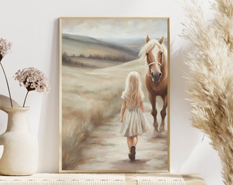 Horse Printable Art, Horse Art for Girls Room, Equestrian Wall Decor, Girl and Horse Farmhouse Art Print, Horse Nursery Decor Digital Print
