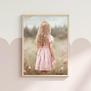 Girl in a Meadow Printable Art, Wildflower Field Nursery Decor, Vintage Girls Room Art, Spring Flowers, Pink Girl Room Decor, Digital Print