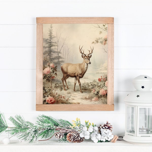 Christmas Woodland Printable Art, Holiday Wall Art, Winter Forest Print, Deer in Misty Meadow Watercolor Digital Wall Decor, Nursery Print