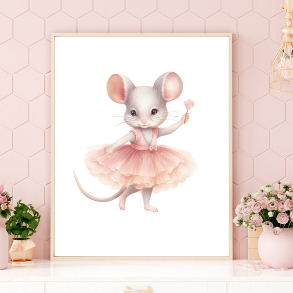 Ballerina Mouse Nursery Art, Little Dancer Wall Art, Blush Pink Ballet Themed Printable, Girls Room Wall Decor, Digital Download Poster