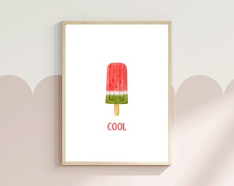 May include: A framed print with a watercolor illustration of a watermelon popsicle on a white background. The text "COOL" is printed below the popsicle.