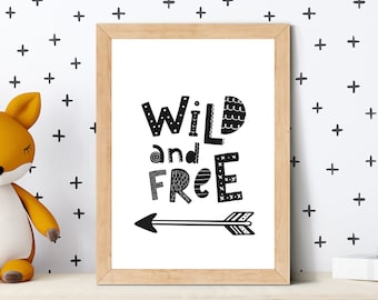 May include: A framed print with the words "WILD and FREE" in black and white, with an arrow pointing left. The frame is light brown. A stuffed orange fox toy is to the left of the frame. The background is white with black plus signs.