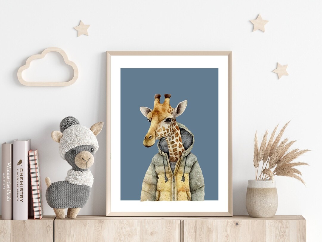 Funny Animal Wall Art, Giraffe in Clothing Print, Digital Art Print for Boys Room, Giraffe
