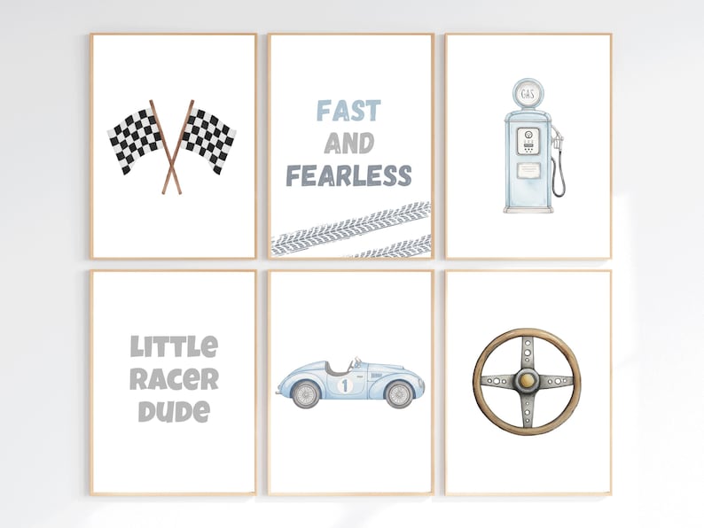 May include: Set of six framed watercolor prints with a racing theme. Includes checkered flags, a gas pump, a vintage car, a steering wheel, and text that reads "Fast and Fearless" and "Little Racer Dude". The color palette is primarily blue and white.