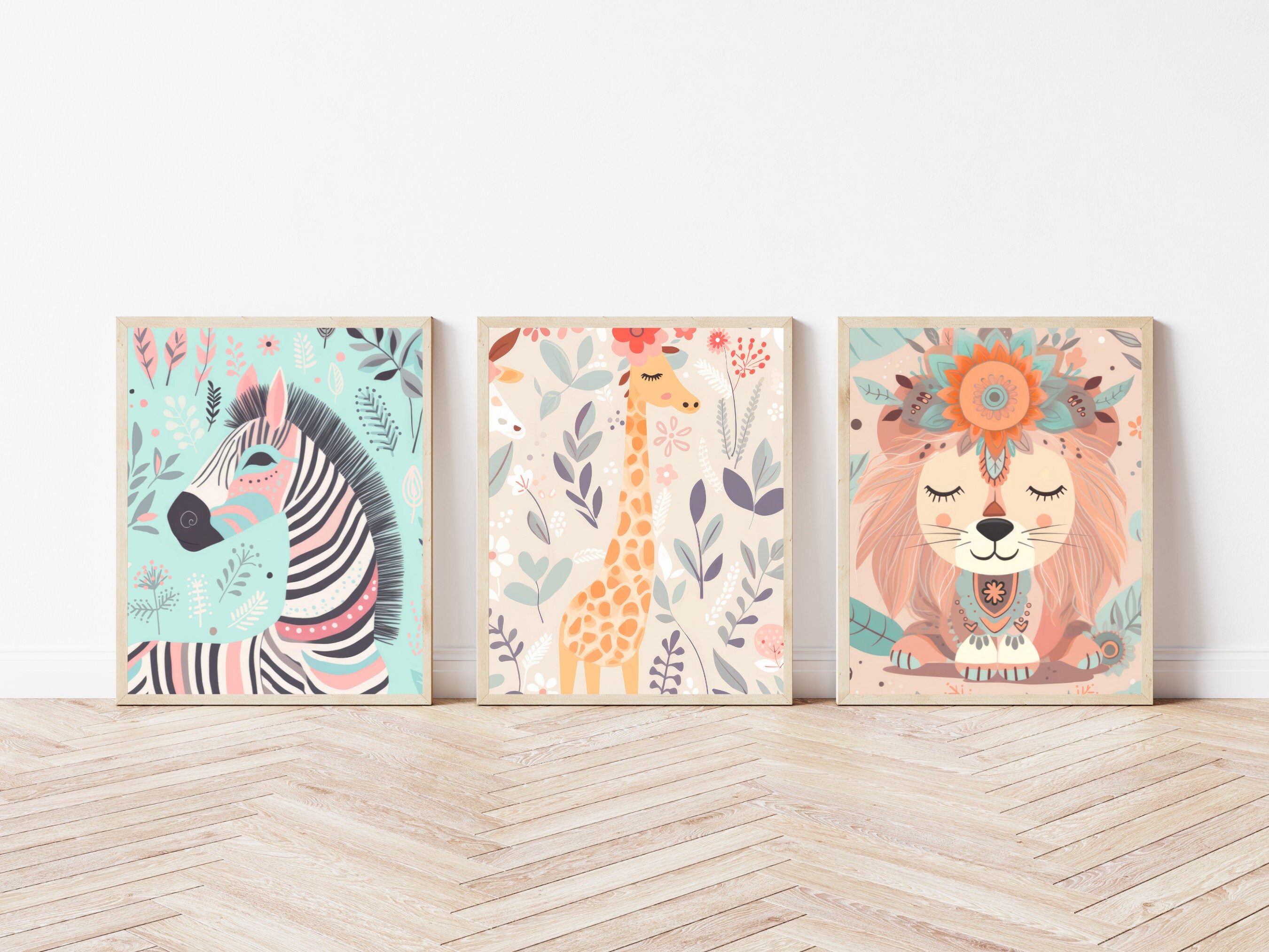 Boho Safari Animal Set of 3 Nursery Printable Art, Colourful Botanical ...