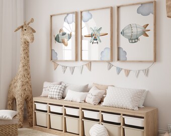 Set of 3 Aviation Prints, Boys Room Airplane Wall Art, Airship Digital Print, Transportation Nursery Wall Art, Travel Decor for Play Room