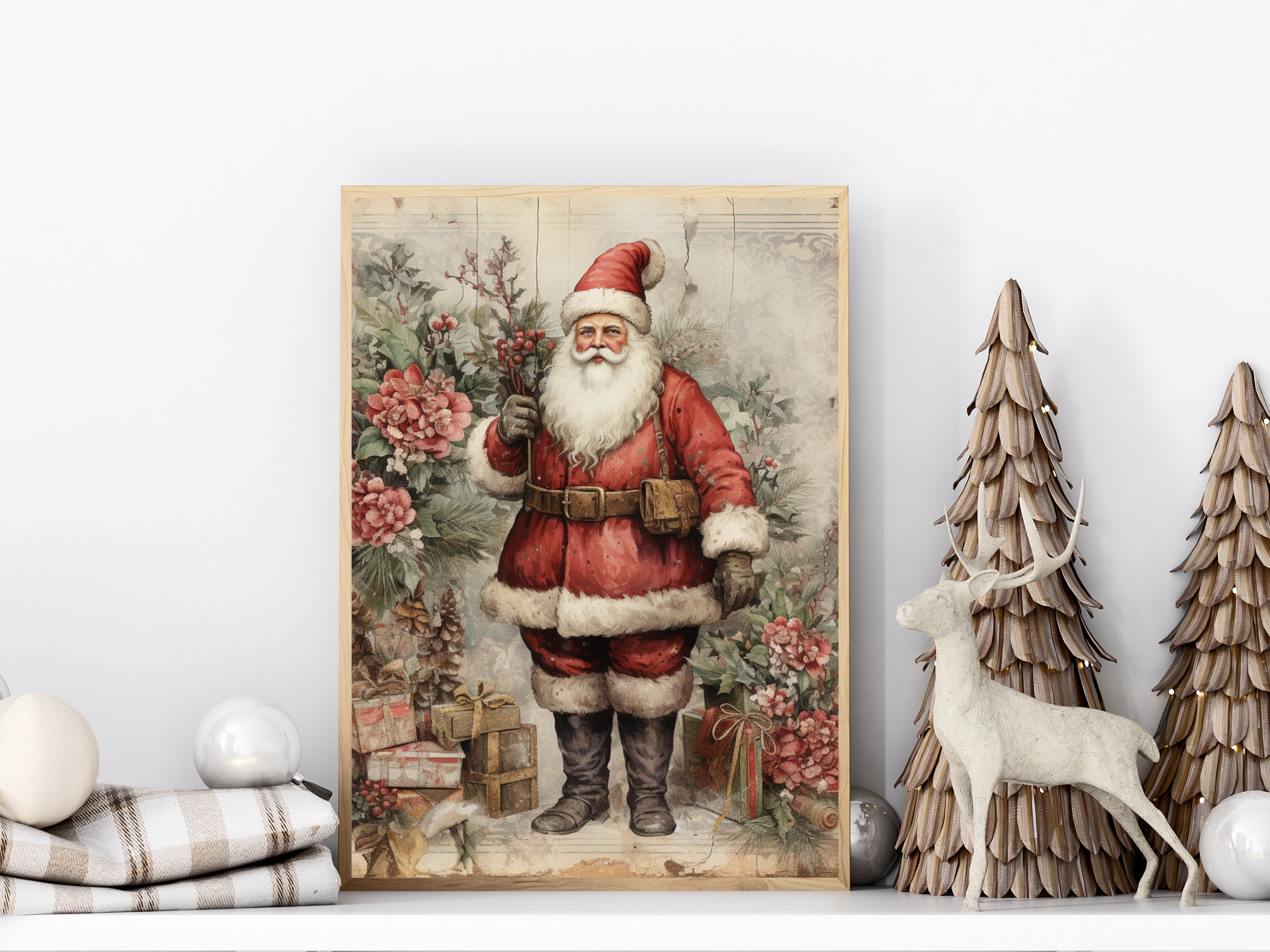 Vintage Santa Art Print, Vintage Christmas Art, Holiday Wall Decor