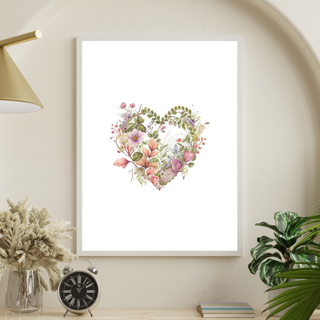Flower Heart Print, Love Printable Wall Art, Floral Watercolour ...