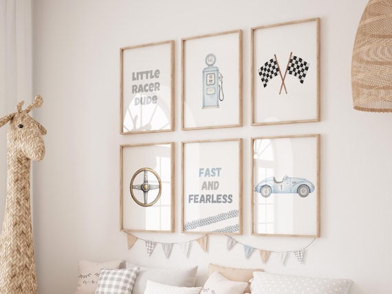 Race Car Kids Room Prints, Retro Racing Art for Boys Room, Vintage Car Wall Decor, Blue Boys Room Wall Art, Set of 6 Race Car Digital Prints