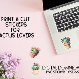 Paquete de pegatinas de cactus imprimibles, pegatinas para computadoras portátiles, botellas de agua, tarjetas y comercio, hojas de pegatinas digitales de cactus, elaboración de amantes de las plantas