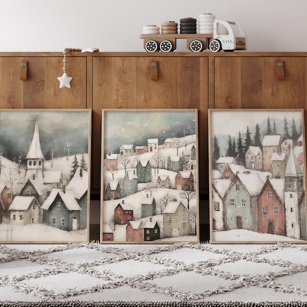 Set of 3 Snowy Winter Village Prints, European Village Artwork, Winter Wonderland Wall Art, Snowy Christmas Town Digital Art, Holiday Decor